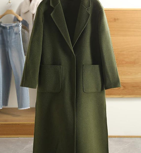 Luxury Army Green Wool Overcoat Casual Notched Pockets Winter Coat