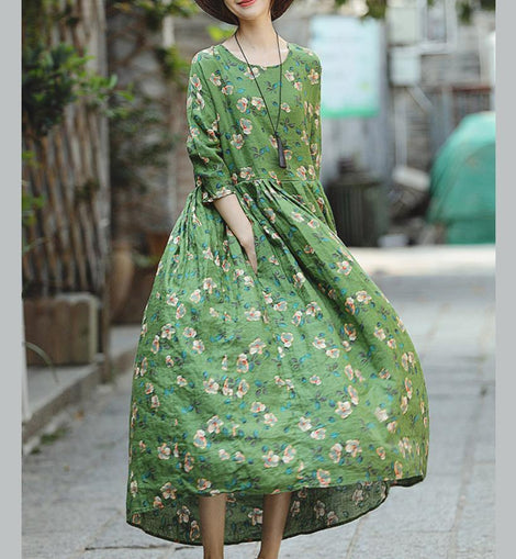 2018 green print natural linen dress Loose fitting O neck linen clothing dresses 2018 Three Quarter sleeve baggy dresses