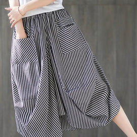 2019 new cotton linen literary striped skirt casual irregular thin section natural waist