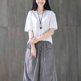 2019 new cotton linen literary striped skirt casual irregular thin section natural waist