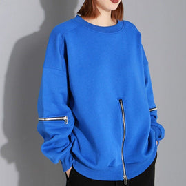 Art Blue O-Neck zippered Loose Fall Pullover Street wear