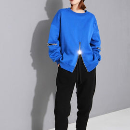 Art Blue O-Neck zippered Loose Fall Pullover Street wear