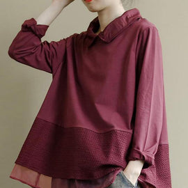 Art Burgundy Patchwork Baggy Shirt Clothes Lapel