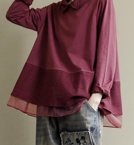 Art Burgundy Patchwork Baggy Shirt Clothes Lapel