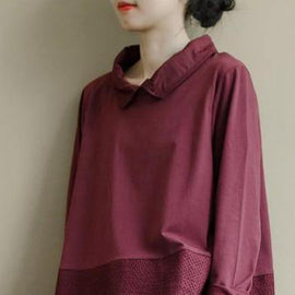 Art Burgundy Patchwork Baggy Shirt Clothes Lapel