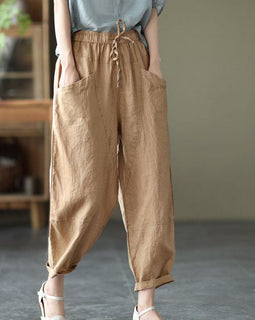 Art Khaki Tie Waist Pockets Summer Harem Pants Linen