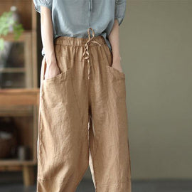 Art Khaki Tie Waist Pockets Summer Harem Pants Linen