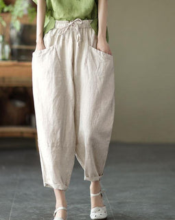 Art Khaki Tie Waist Pockets Summer Harem Pants Linen