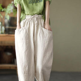 Art Khaki Tie Waist Pockets Summer Harem Pants Linen