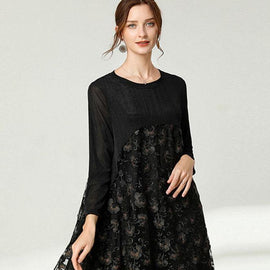 Beautiful Black Lace Patchwork Fall Dress Long Sleeve