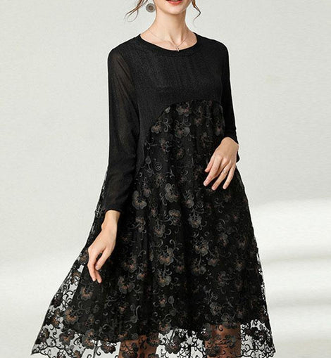 Beautiful Black Lace Patchwork Fall Dress Long Sleeve