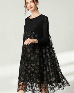 Beautiful Black Lace Patchwork Fall Dress Long Sleeve