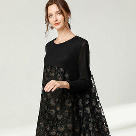 Beautiful Black Lace Patchwork Fall Dress Long Sleeve