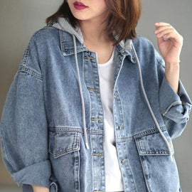 Beautiful Light Denim hooded Pockets Button Fall Long sleeve Coat