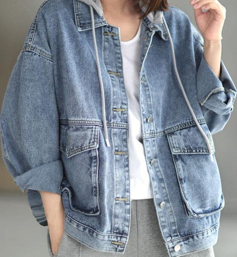 Beautiful Light Denim hooded Pockets Button Fall Long sleeve Coat