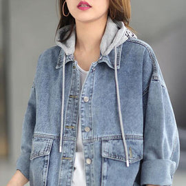 Beautiful Light Denim hooded Pockets Button Fall Long sleeve Coat