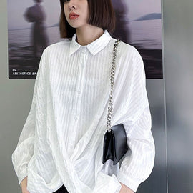 Beautiful White PeterPan Collar Button asymmetrical design Fall Long sleeve Blouse Tops