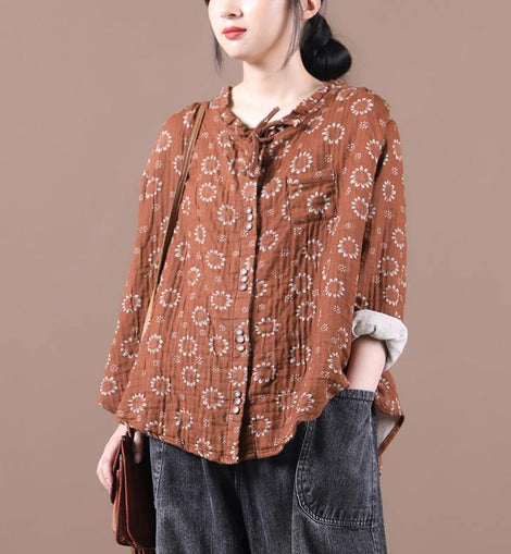 Beautiful brown print top silhouette o neck Button Down Dresses blouses