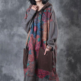 Beautiful hooded drawstring cotton Wardrobes design gray print Maxi Dresses fall