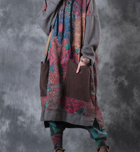 Beautiful hooded drawstring cotton Wardrobes design gray print Maxi Dresses fall