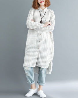 Beautiful nude white striped linen clothes For Women Korea Sewing side open Dresses lapel collar Dresses