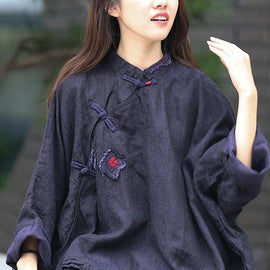 Beautiful stand collar Batwing Sleeve Tunic Cotton navy shirts