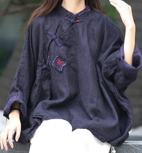 Beautiful stand collar Batwing Sleeve Tunic Cotton navy shirts