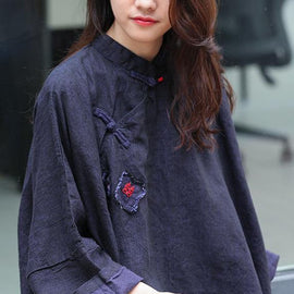 Beautiful stand collar Batwing Sleeve Tunic Cotton navy shirts