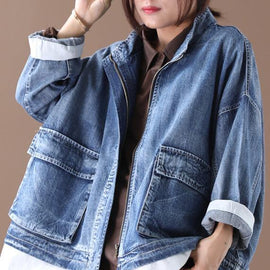 Beautiful stand collar zippered Fine crane coats denim blue Art women coats