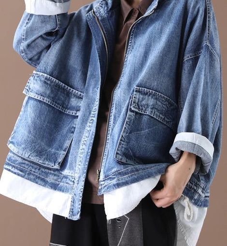 Beautiful stand collar zippered Fine crane coats denim blue Art women coats