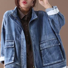 Beautiful stand collar zippered Fine crane coats denim blue Art women coats