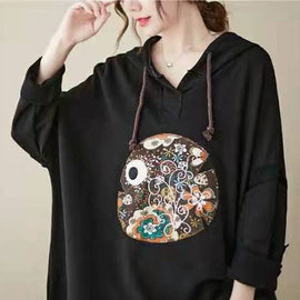 Beautiful Navy Hooded Drawstring Embroideried Fall Side Open Sweatshirts Top