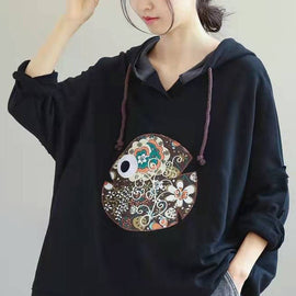 Beautiful Navy Hooded Drawstring Embroideried Fall Side Open Sweatshirts Top