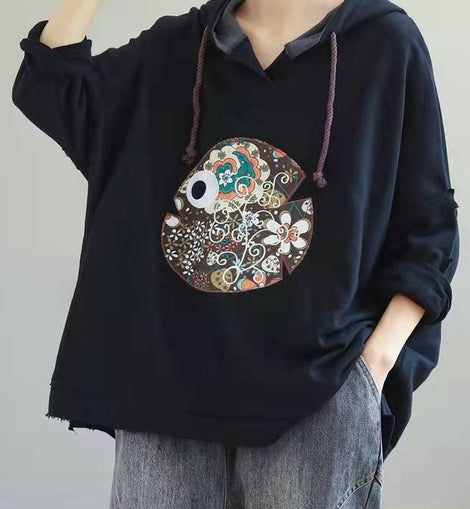 Beautiful Navy Hooded Drawstring Embroideried Fall Side Open Sweatshirts Top