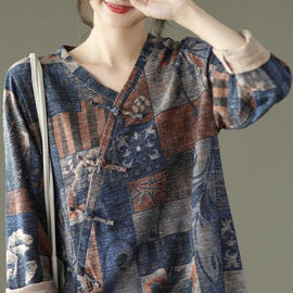 Blue Print V Neck Drawstring Fall Button Top Long Sleeve