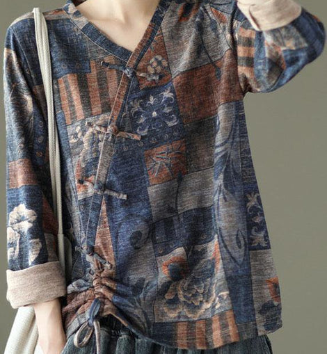 Blue Print V Neck Drawstring Fall Button Top Long Sleeve