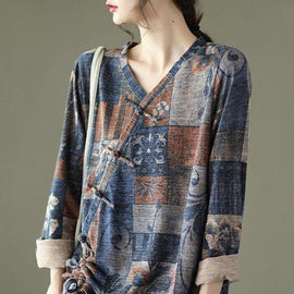 Blue Print V Neck Drawstring Fall Button Top Long Sleeve