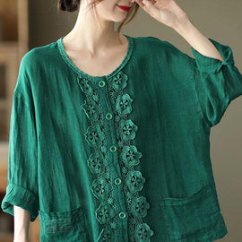 Bohemian Green Retro O-Neck Button Fall Shirt Tops Long Sleeve