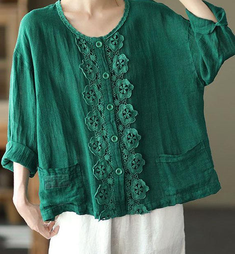 Bohemian Green Retro O-Neck Button Fall Shirt Tops Long Sleeve