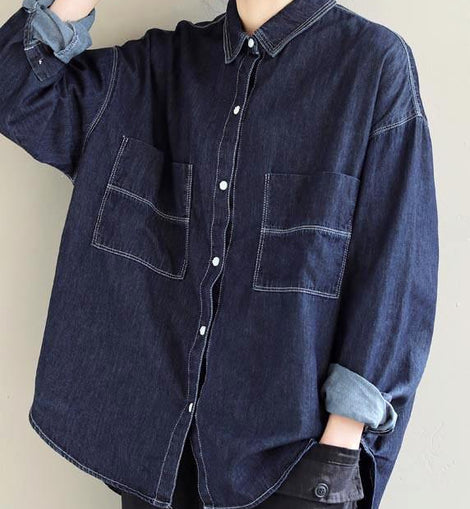 Bohemian Lapel Pockets Spring Tops Women Pattern Denim Blue Shirt