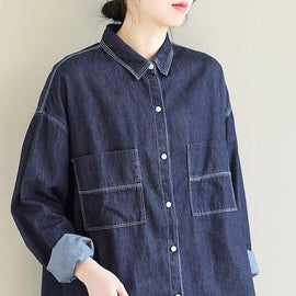 Bohemian Lapel Pockets Spring Tops Women Pattern Denim Blue Shirt