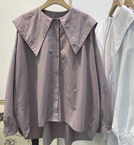 Bohemian Purple Pink Peter Pan Collar Button asymmetrical design Fall Long sleeve Top