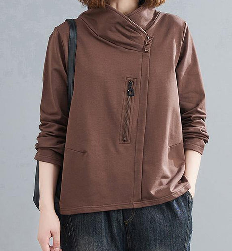 Bohemian chocolate crane tops stand collar zippered daily blouses