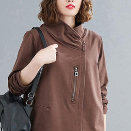 Bohemian chocolate crane tops stand collar zippered daily blouses