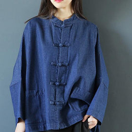 Bohemian denim dark blue clothes For Women stand collar Chinese Button tunic blouse