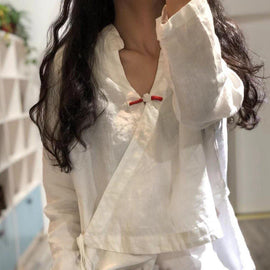 Bohemian white linen Blouse v neck fall top