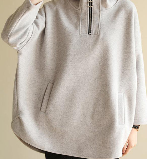 Bohemian zippered cotton hooded crane tops Fabrics gray Sweatshirt