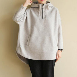 Bohemian zippered cotton hooded crane tops Fabrics gray Sweatshirt