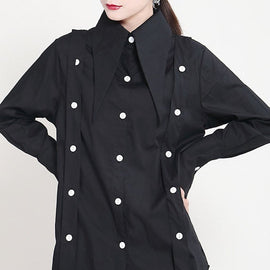 Boho Black Peter Pan Collar Button Asymmetrical Design Patchwork Fall Shirts Long sleeve