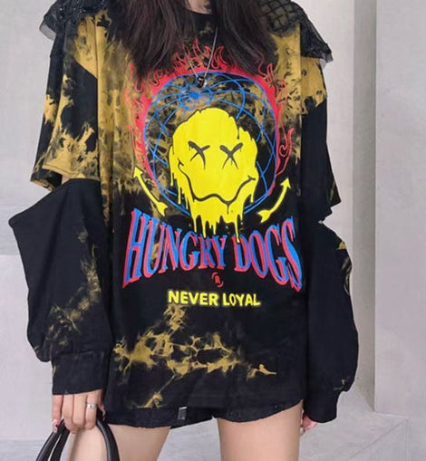 Boho Black Print Patchwork Tie Dye Sequins Fall Sweatshirt